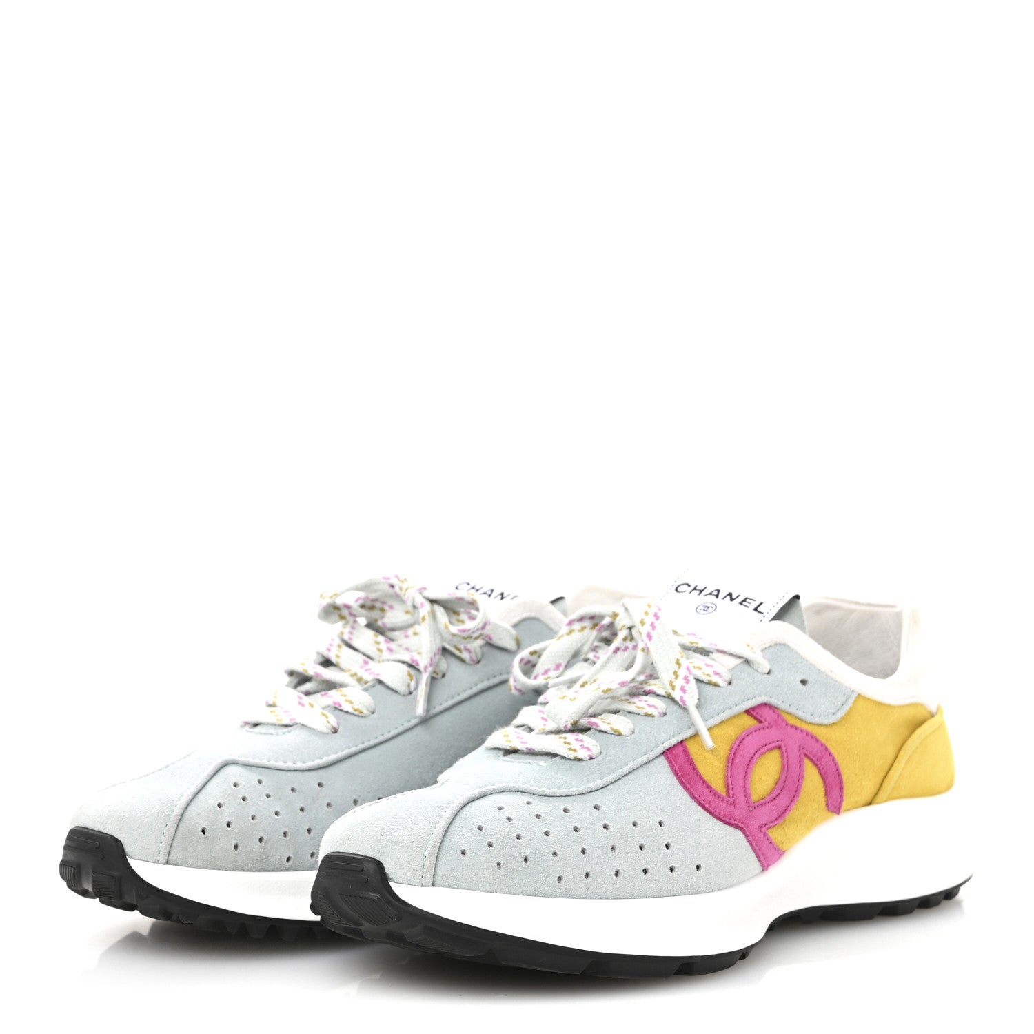 Chanel Fabric Suede Kidskin CC Sneakers 40 Light Turquoise Fuchsia Yellow 4 of 9