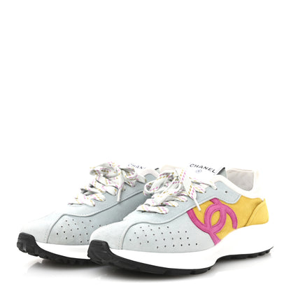 Chanel Fabric Suede Kidskin CC Sneakers 40 Light Turquoise Fuchsia Yellow 4 of 9