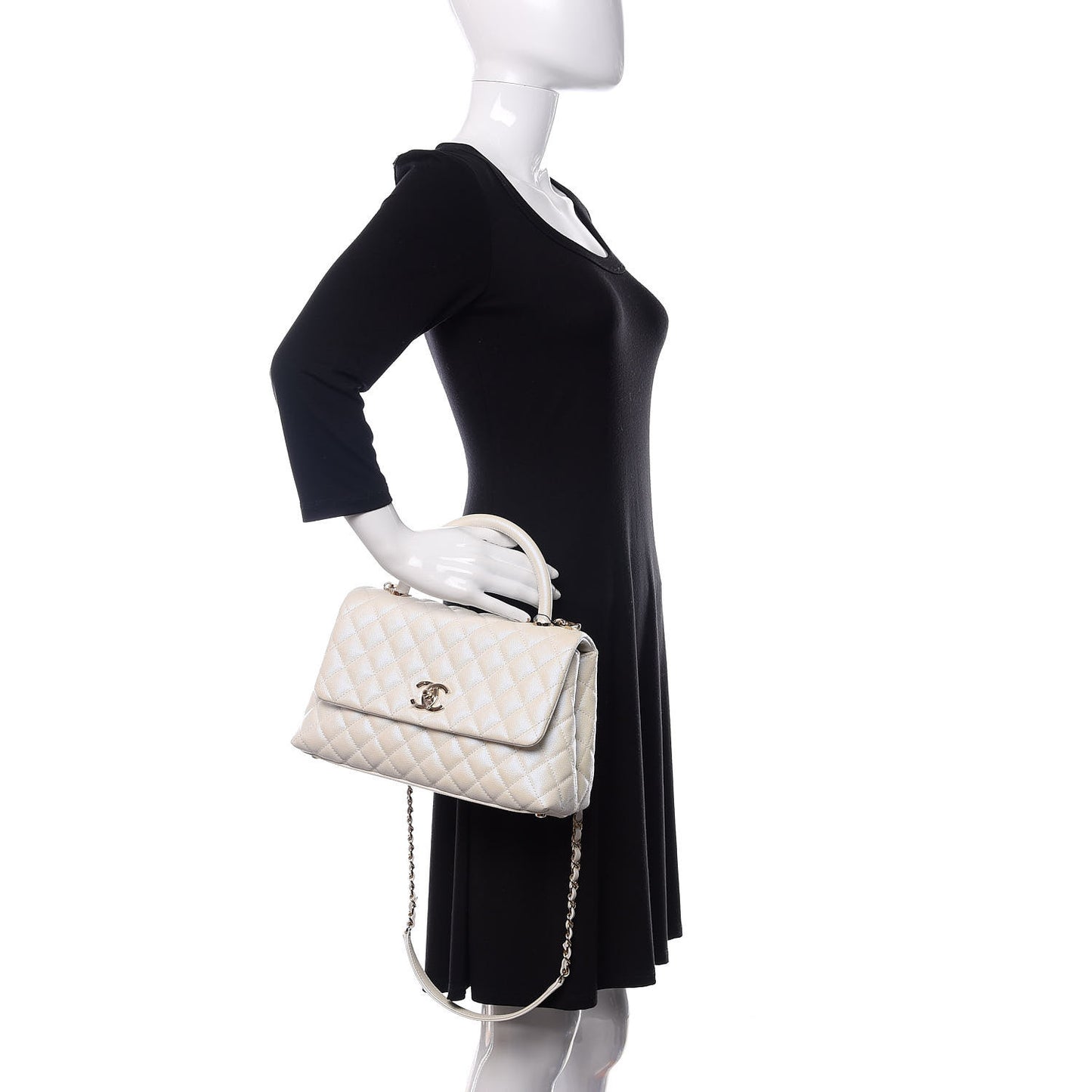 Iridescent Caviar Quilted Small Coco Handle Flap White