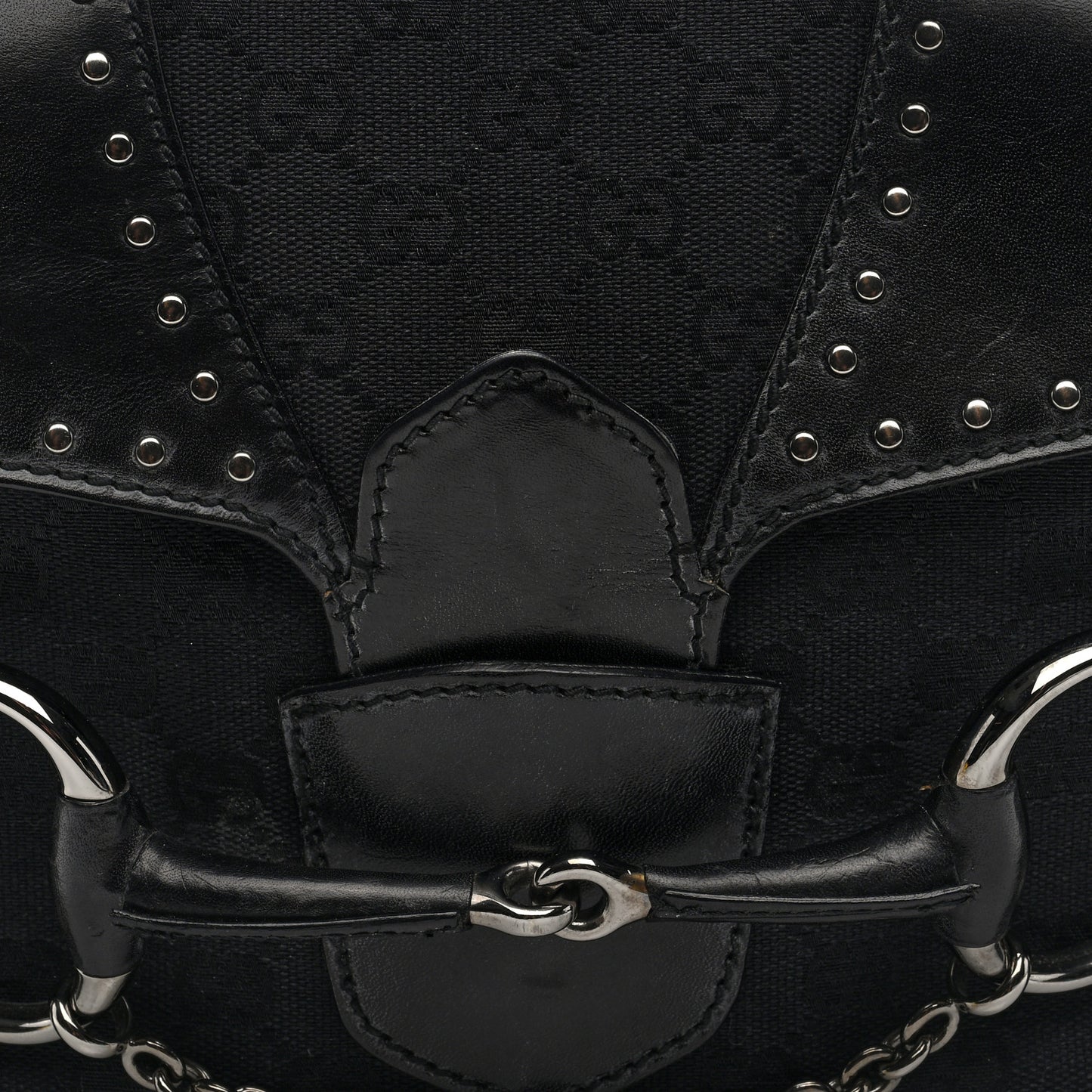 Monogram Horsebit Chain Studded Flap Shoulder Bag Black