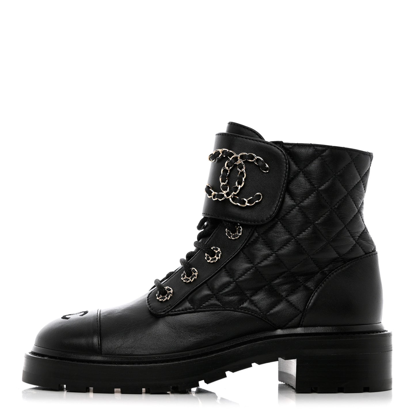 Shiny Lambskin Quilted Lace Up Combat Boots 38.5 Black