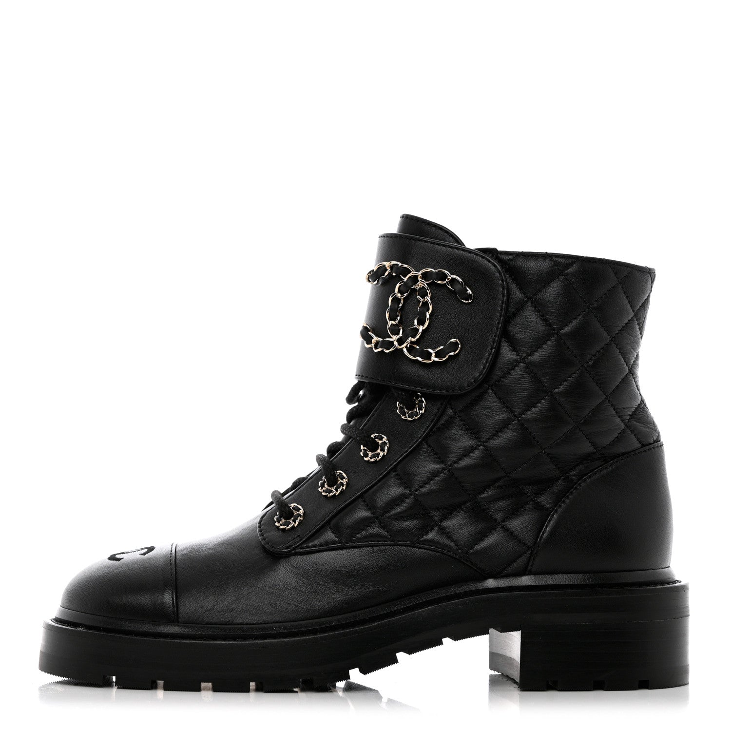 Chanel Shiny Lambskin Quilted Lace Up Combat Boots 38.5 Black 1 of 12