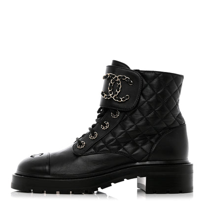 Chanel Shiny Lambskin Quilted Lace Up Combat Boots 38.5 Black 1 of 12
