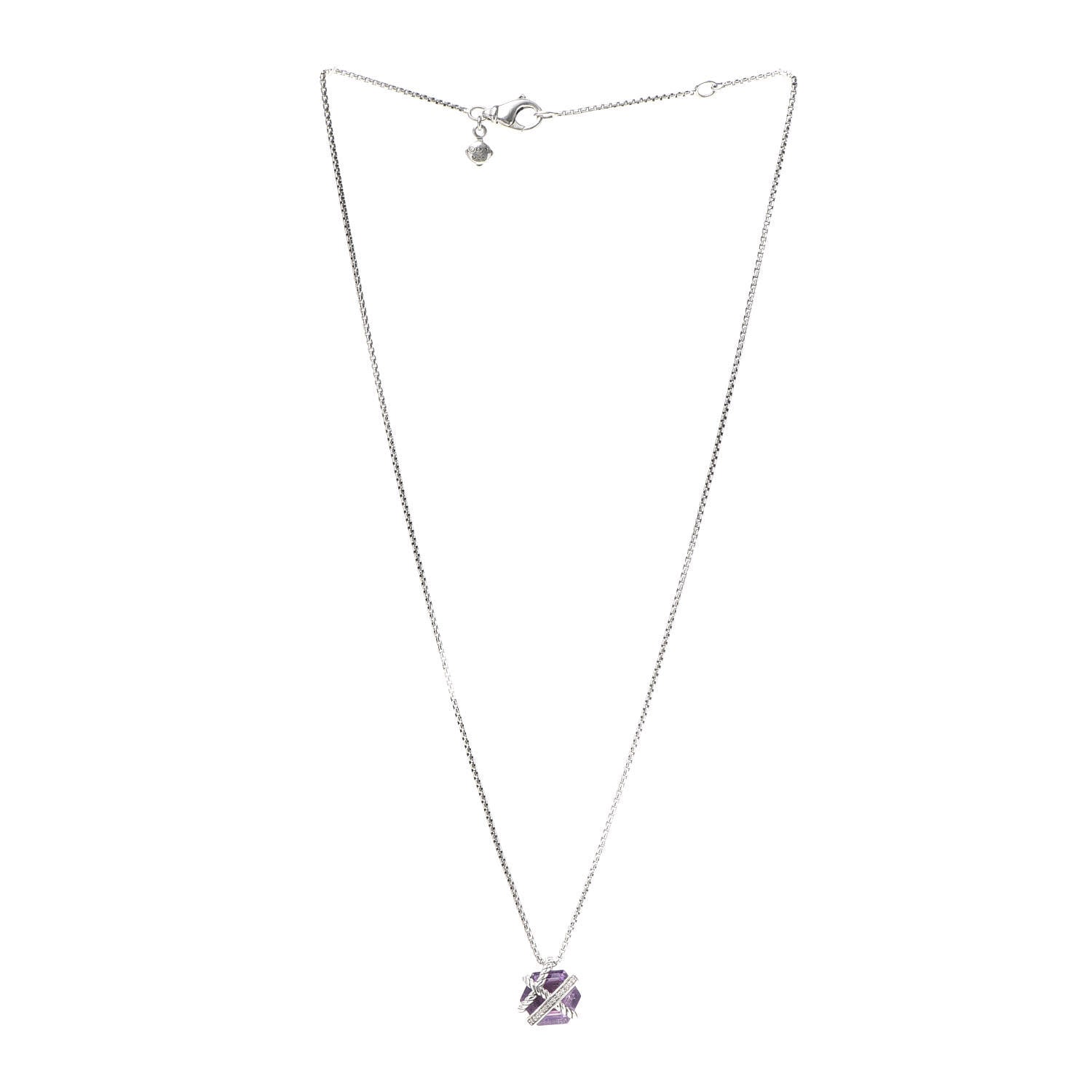 David Yurman Sterling Silver Diamond Amethyst 10mm Petite Cable Wrap Pendant Necklace 3 of 5