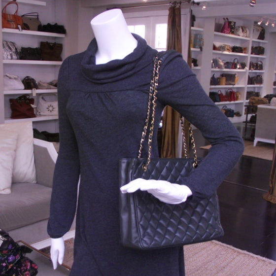 Dark Green Leather Quilted Tote