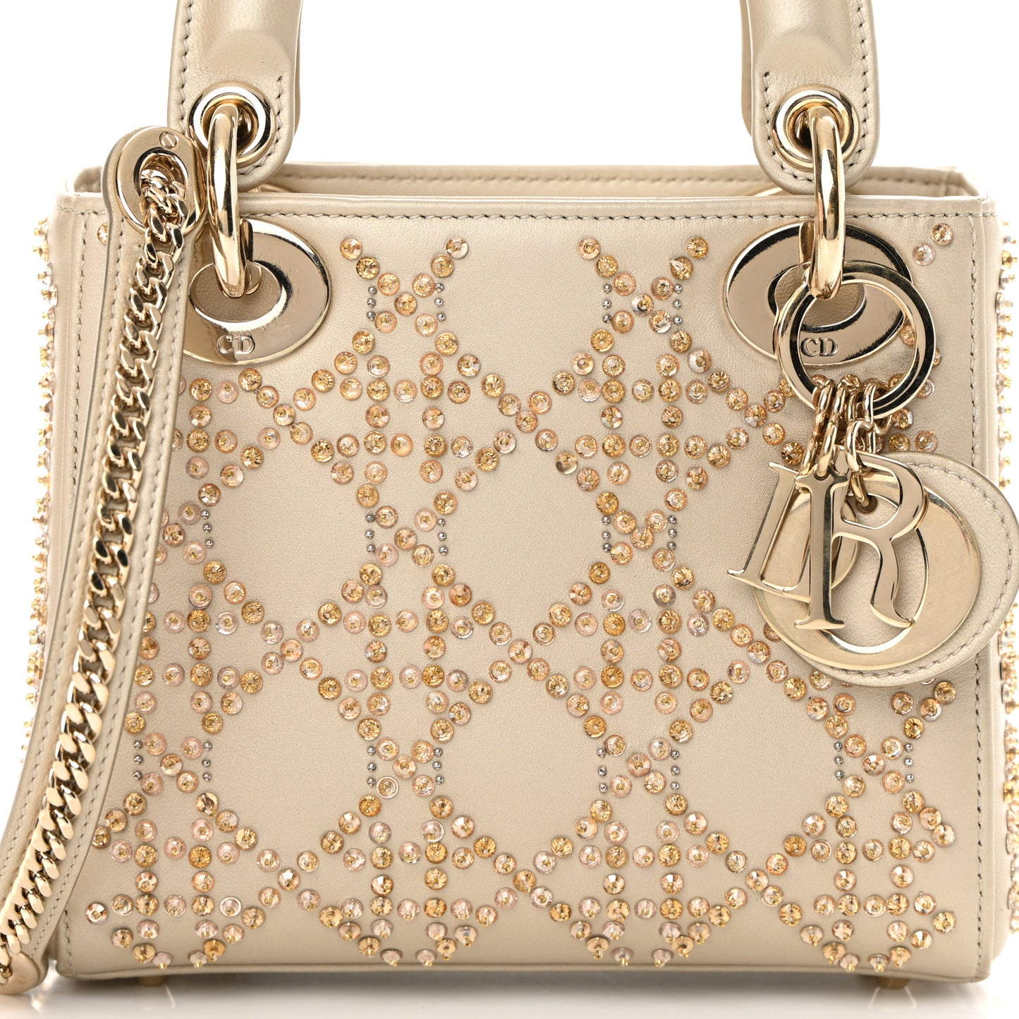 Metallic Lambskin Crystal Cannage Mini Lady Dior Platinum