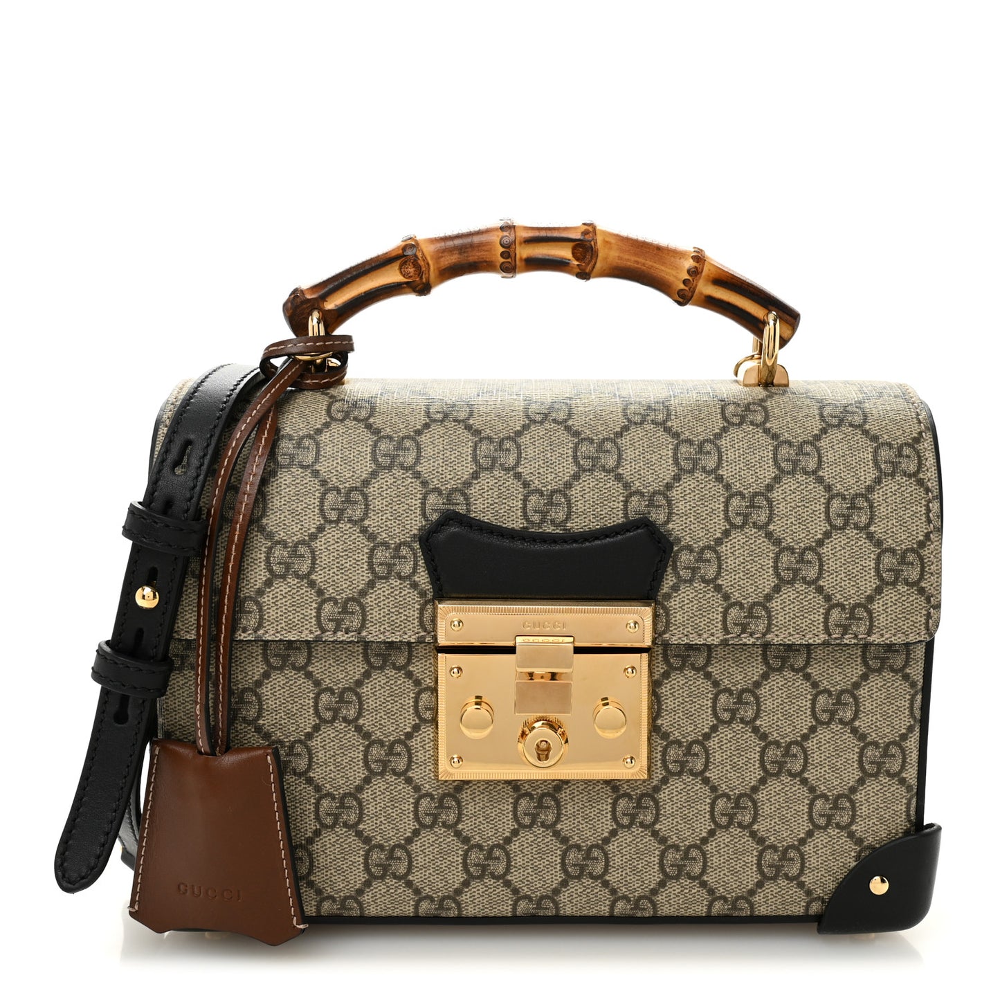 GG Supreme Monogram Small Padlock Bamboo Shoulder Bag Beige Black Cuir