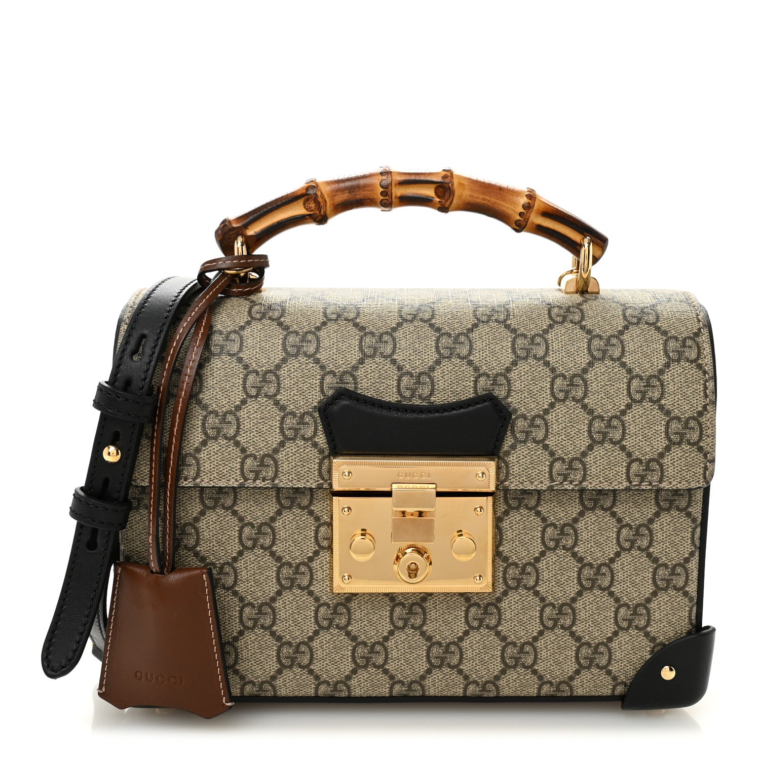 Gucci GG Supreme Monogram Small Padlock Bamboo Shoulder Bag Beige Black Cuir 1 of 11