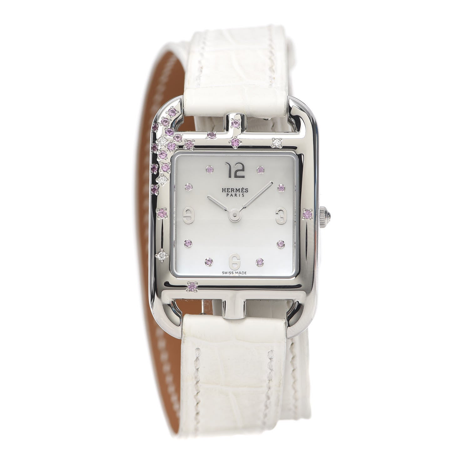 Hermes Stainless Steel Alligator Diamond Pink Sapphire 23mm Cape Cod Double Tour Quartz Watch Blanc 1 of 7