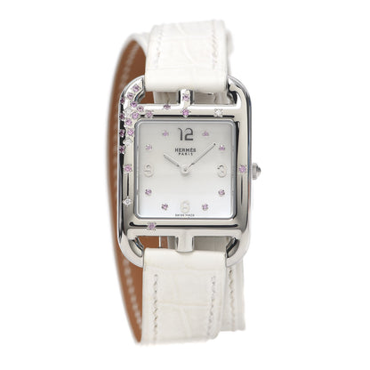 Hermes Stainless Steel Alligator Diamond Pink Sapphire 23mm Cape Cod Double Tour Quartz Watch Blanc 1 of 7