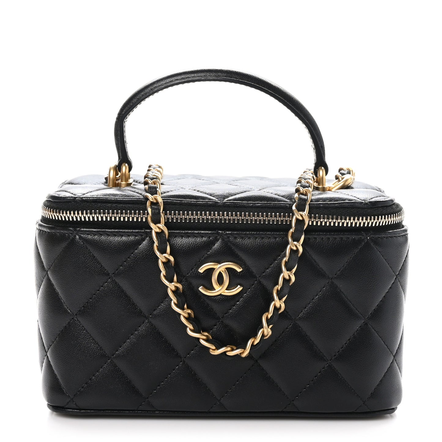 Lambskin Quilted Small Top Handle Vanity Case With Chain Black