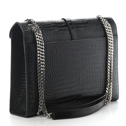 Saint Laurent Calfskin Crocodile Embossed Monogram Large Satchel Black 3 of 9