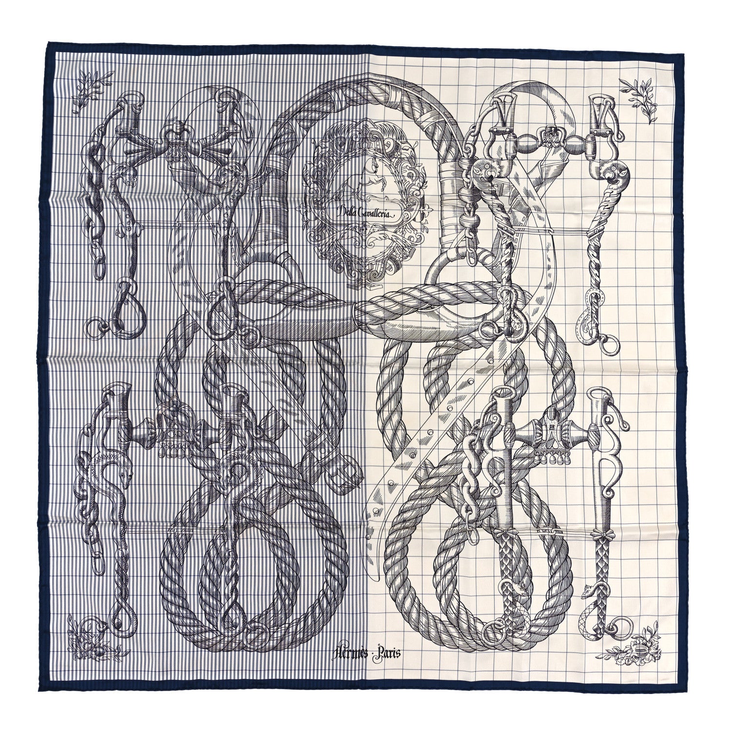 Hermes Silk Della Cavalleria Finesse Scarf 90 Marine White 1 of 3