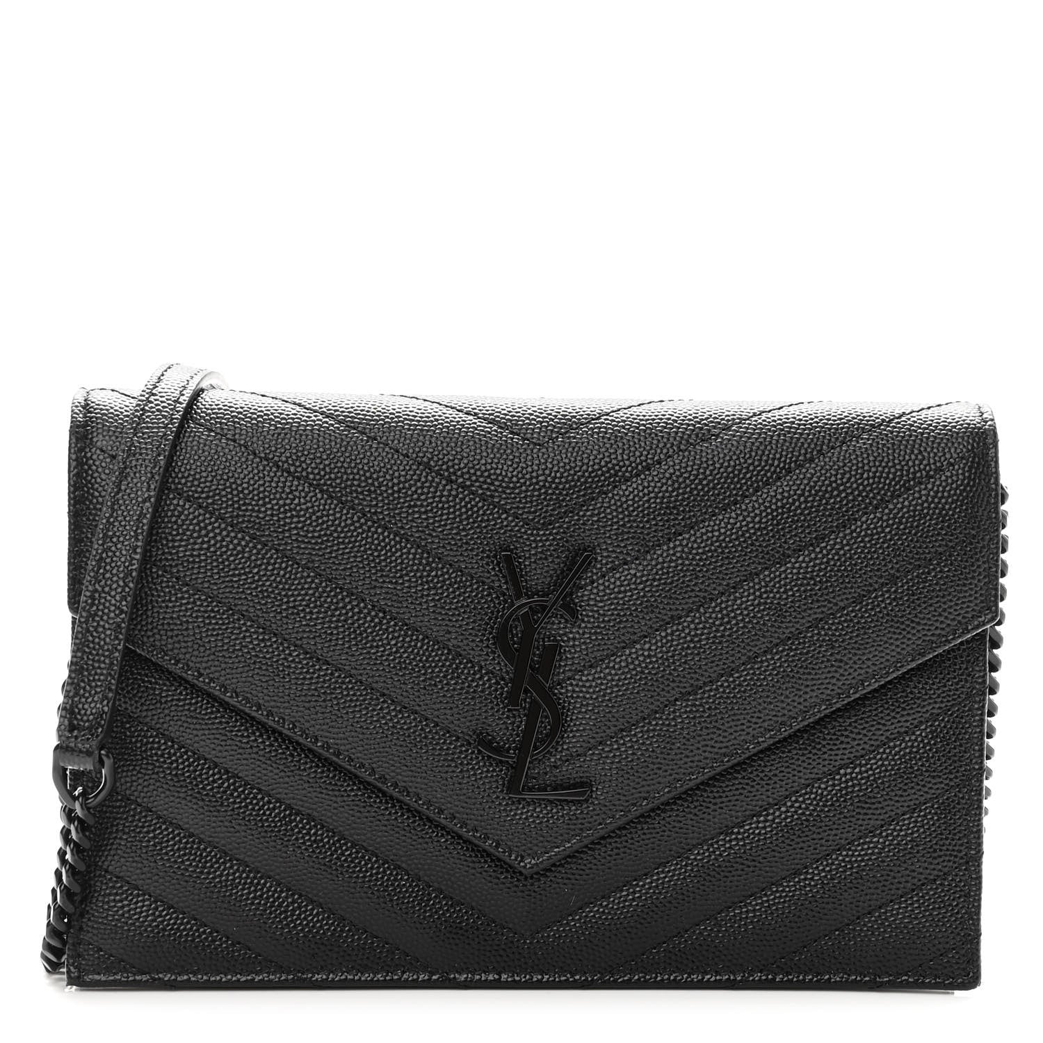 Saint Laurent Grain De Poudre Matelasse Chevron Monogram Monochrome Envelope Chain Wallet Black 1 of 10