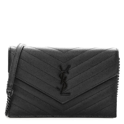 Saint Laurent Grain De Poudre Matelasse Chevron Monogram Monochrome Envelope Chain Wallet Black 1 of 10
