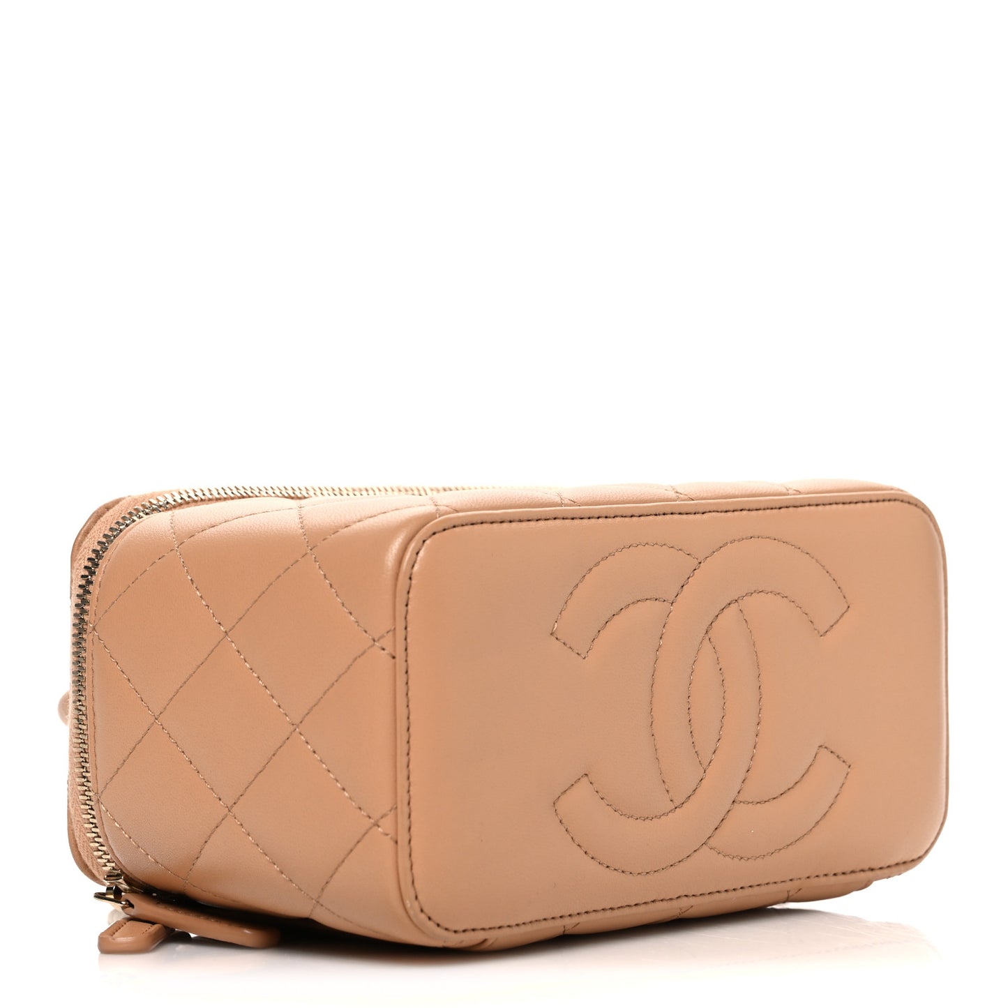 Lambskin Quilted Small Top Handle Vanity Case With Chain Beige