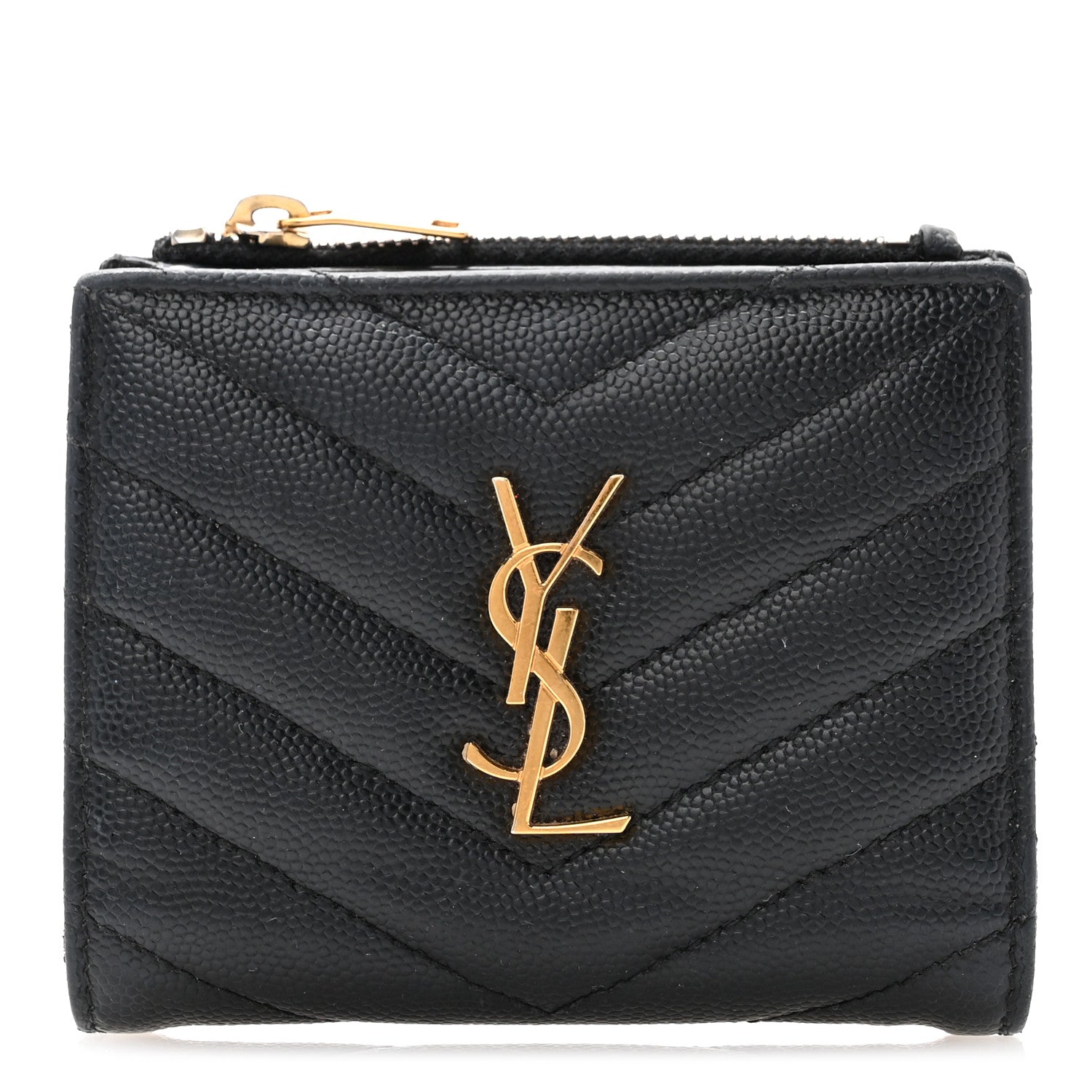 Saint Laurent Grain De Poudre Matelasse Chevron Monogram Zipped Two-Part Wallet Black 1 of 9