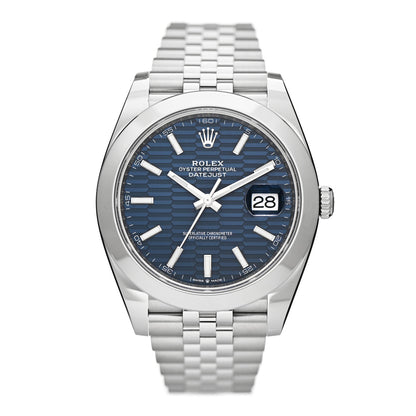 Rolex Stainless Steel 41mm Oyster Perpetual Datejust Watch Bright Blue Fluted 126300 1 of 5