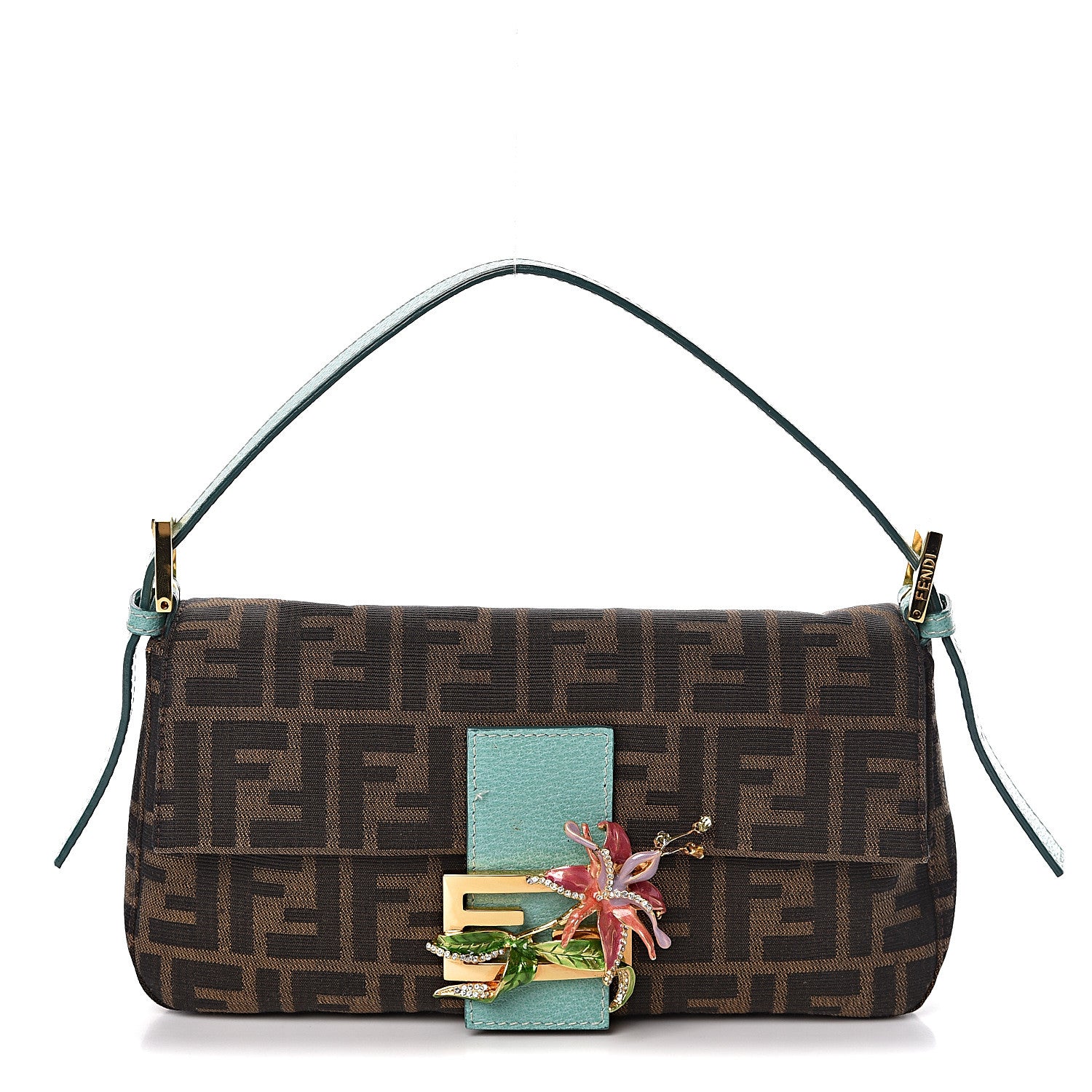 Fendi Zucca Crystal Flower Baguette Tobacco Turquoise 1 of 10