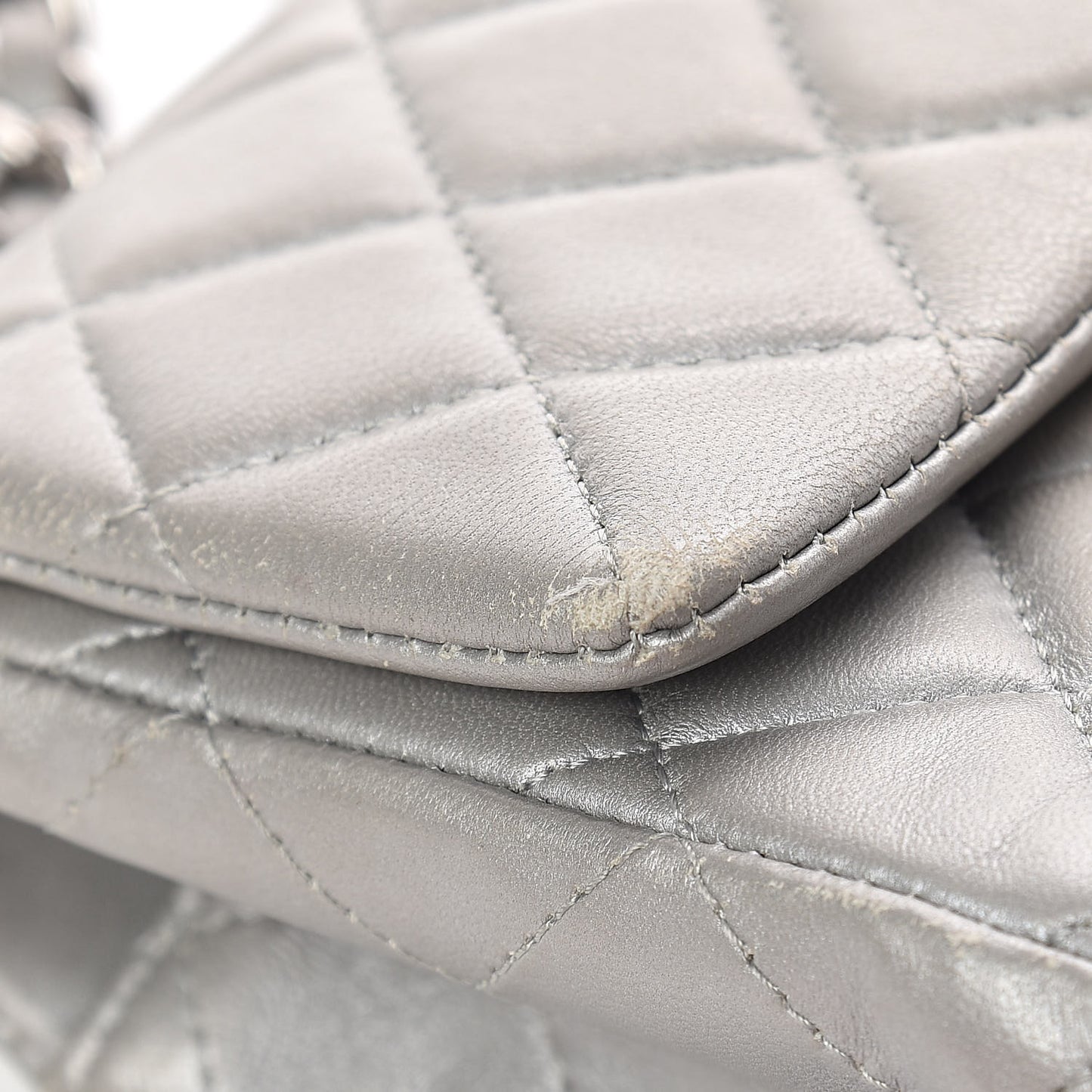 Metallic Lambskin Quilted Mini Rectangular Flap Silver