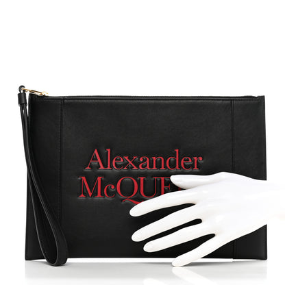 Alexander McQueen Calfskin Logo Zip Wristlet Pouch Black Red 2 of 9
