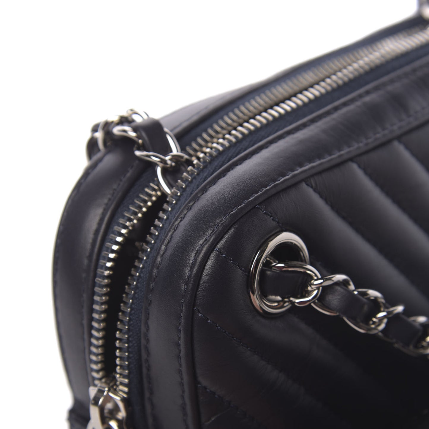 Calfskin Chevron Quilted Double Camera Bag With Flap Black