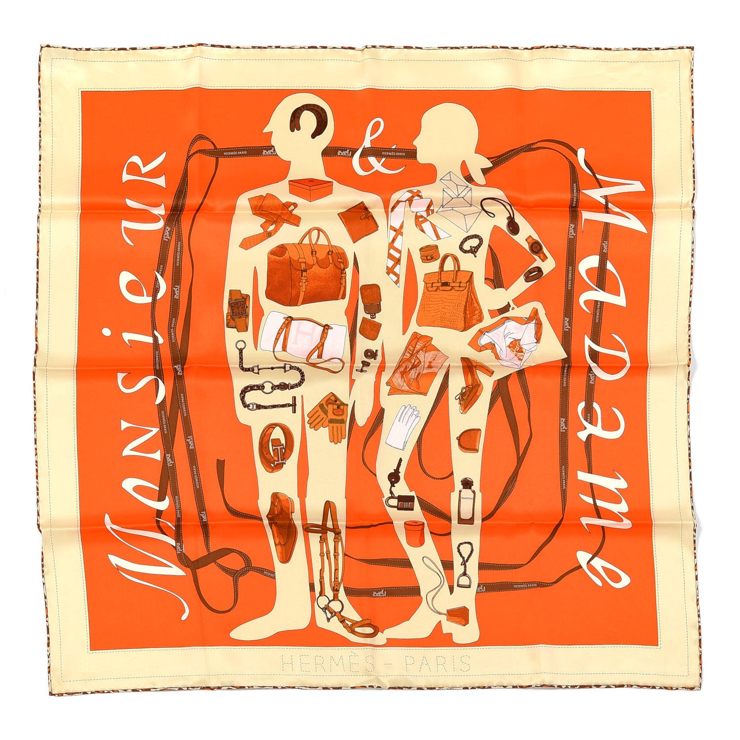Vintage Silk Monsieur Et Madame Scarf 70 Creme Orange Marron
