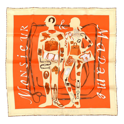 Hermes Vintage Silk Monsieur Et Madame Scarf 70 Creme Orange Marron 1 of 6