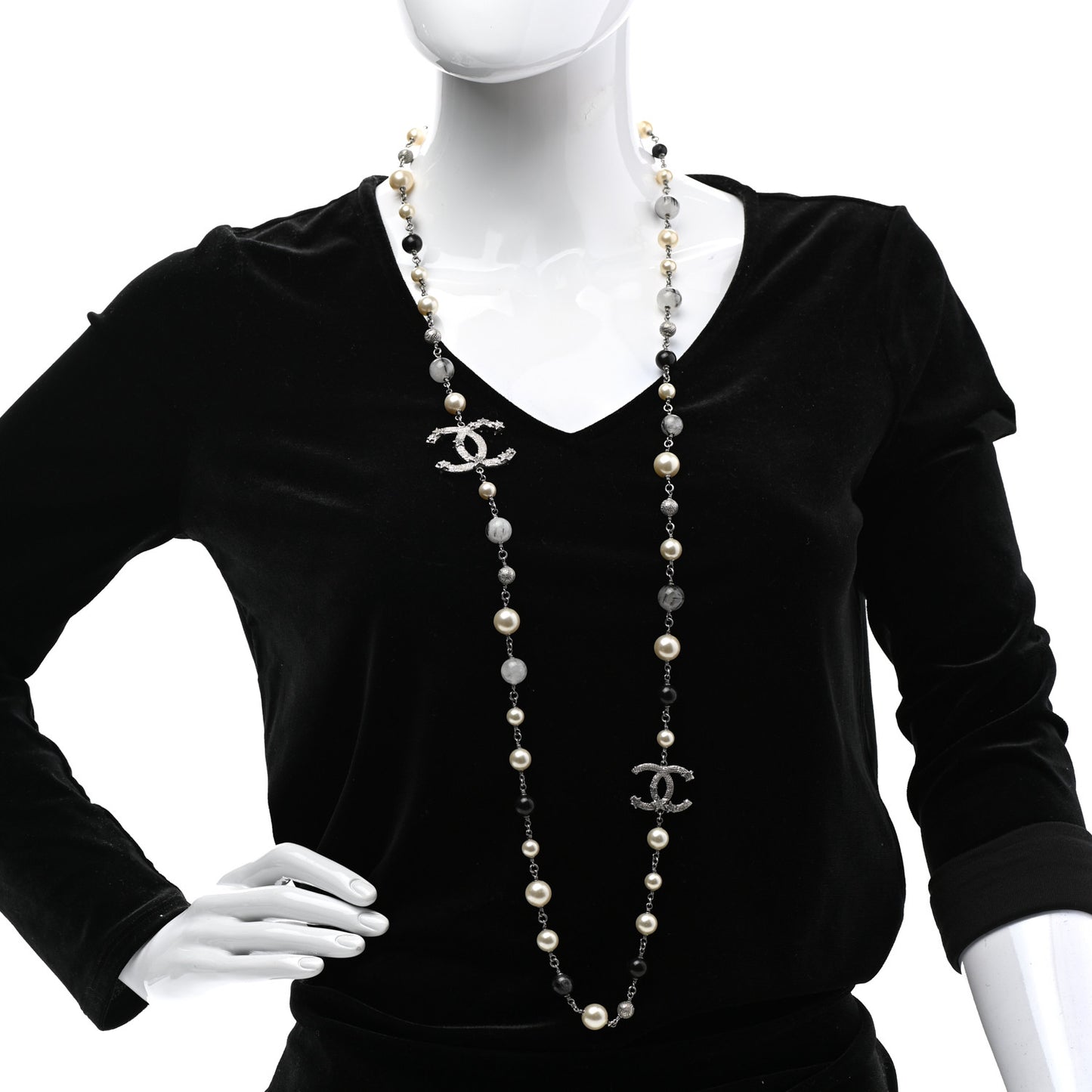 Pearl Beaded Star CC Long Necklace Silver