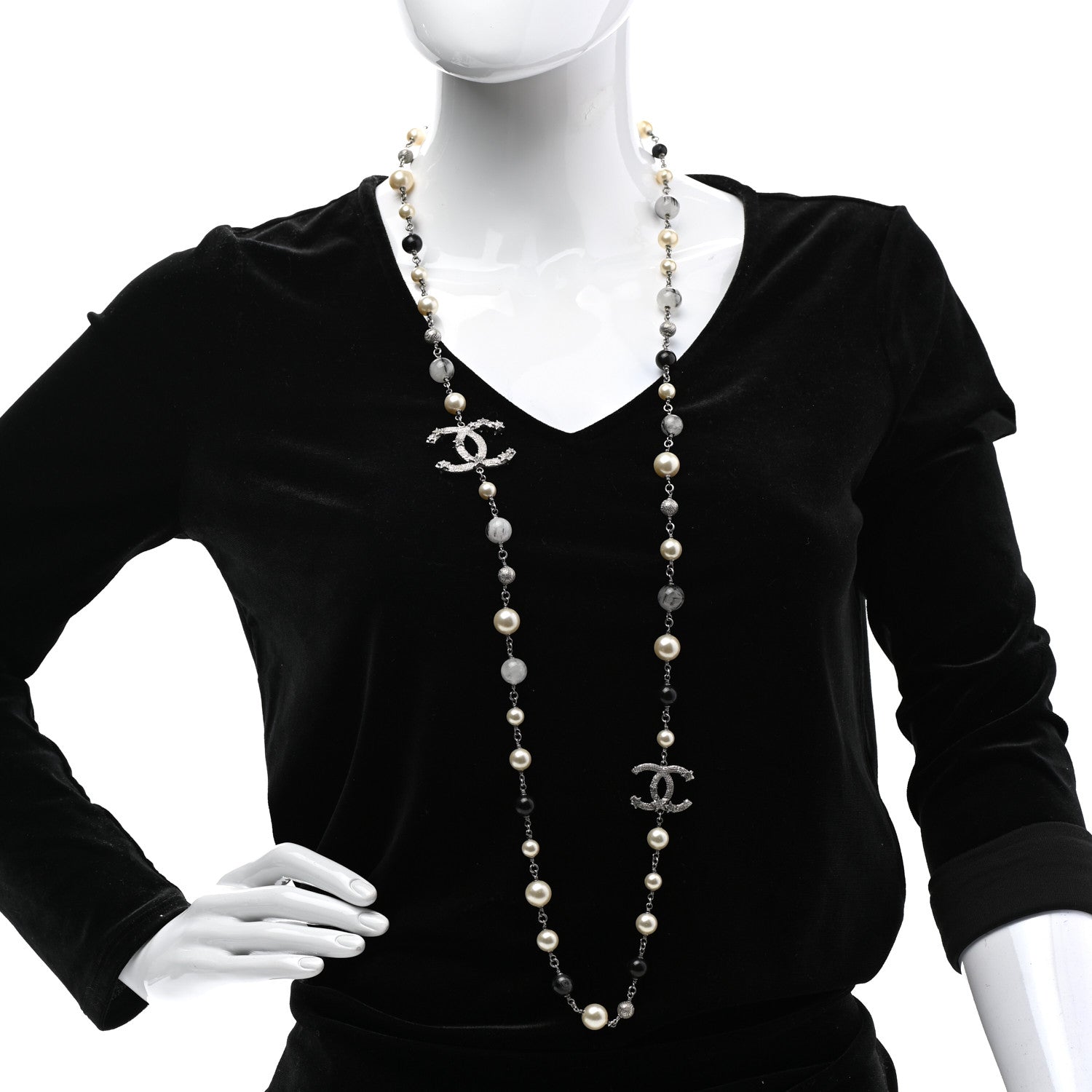 Chanel Pearl Beaded Star CC Long Necklace Silver 2 of 6