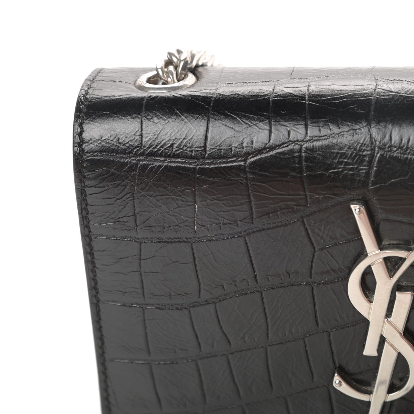 Calfskin Crocodile Embossed Small Classic Monogram Tassel Satchel Black