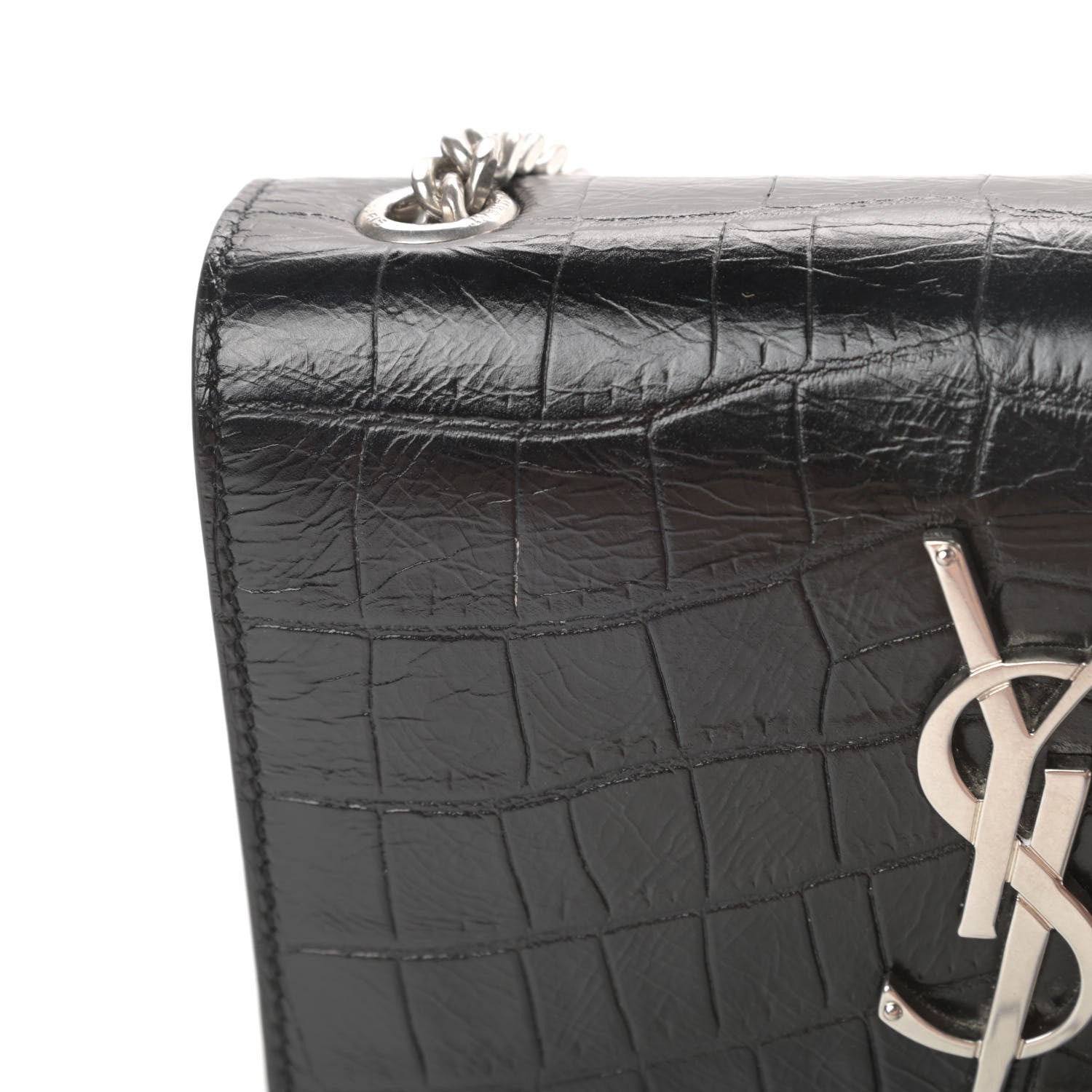 Saint Laurent Calfskin Crocodile Embossed Small Classic Monogram Tassel Satchel Black 10 of 10