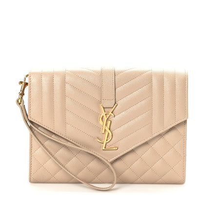 Saint Laurent Grain De Poudre Textured Mixed Matelasse Triquilt Monogram Clutch Dark Beige 1 of 10