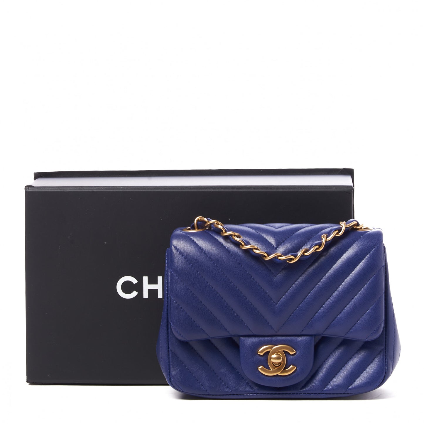 Lambskin Chevron Quilted Mini Square Flap Blue