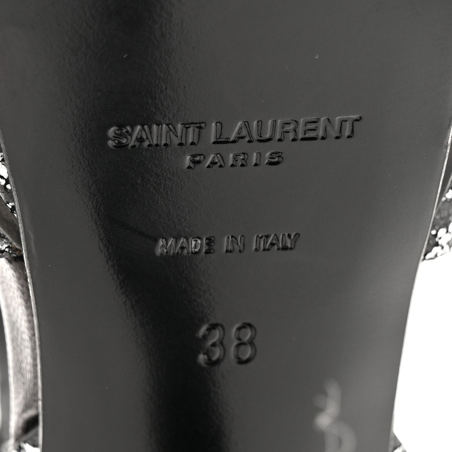 Saint Laurent Metallic Calfskin Leopard Print Tribute 105 Platform Sandals 38  Black Silver 7 of 12