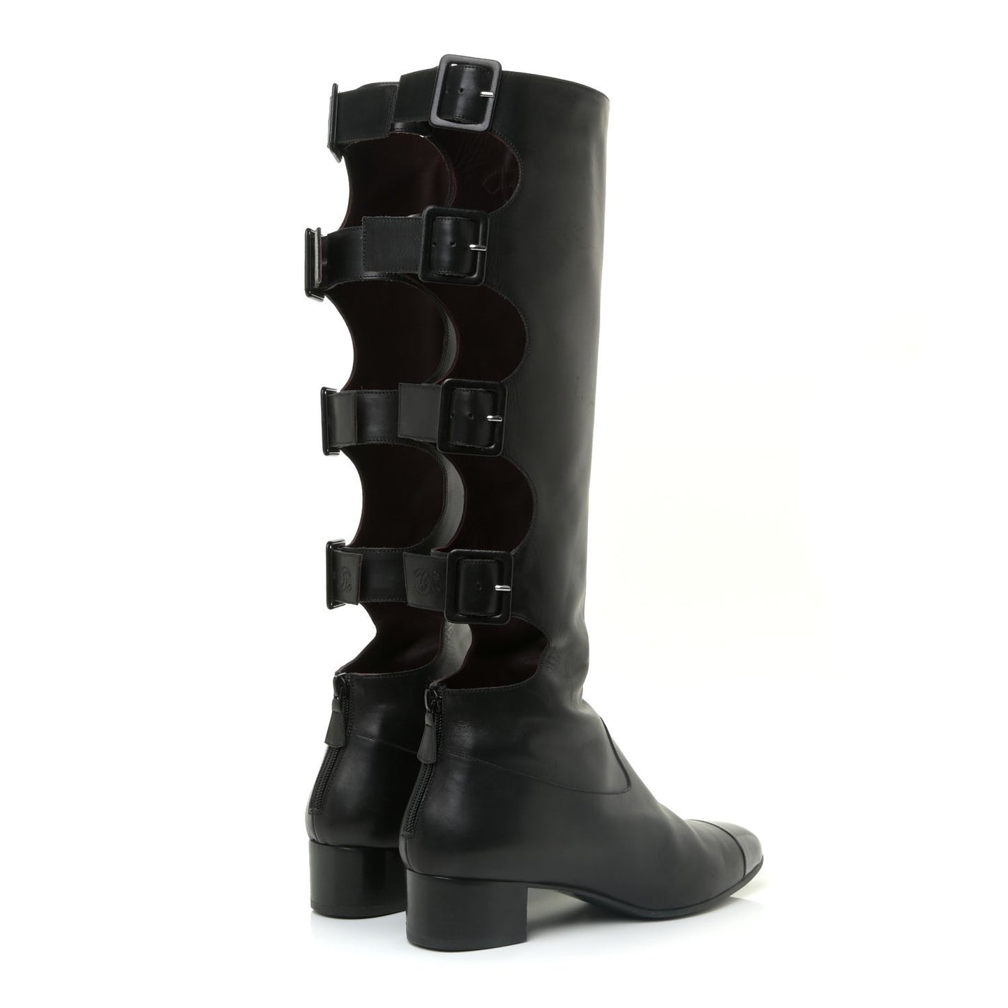 Lambskin Patent Cut Out Buckle Cap Toe Knee High Boots 39 Black