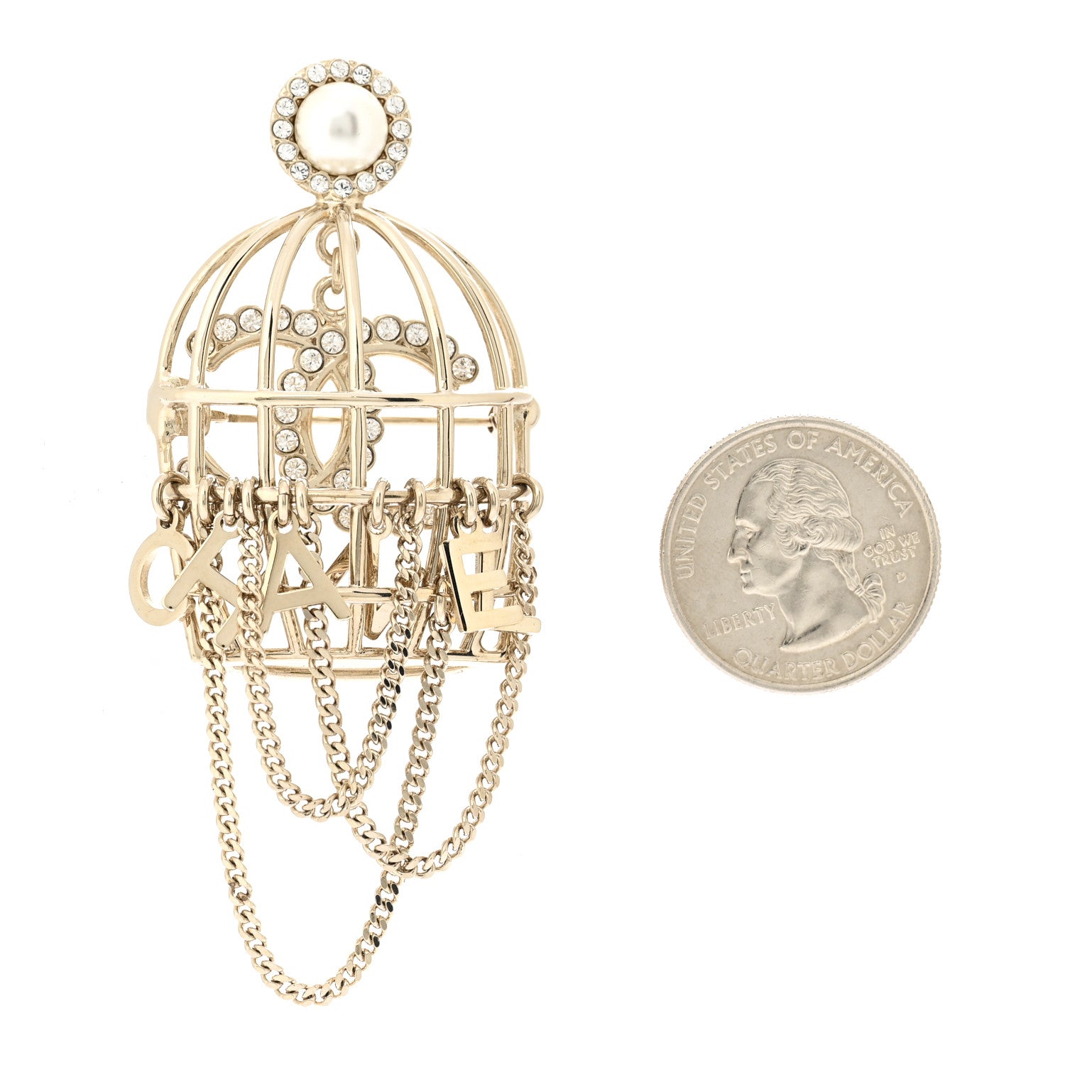 Chanel Metal Crystal Pearl CC Birdcage Brooch Light Gold 2 of 3