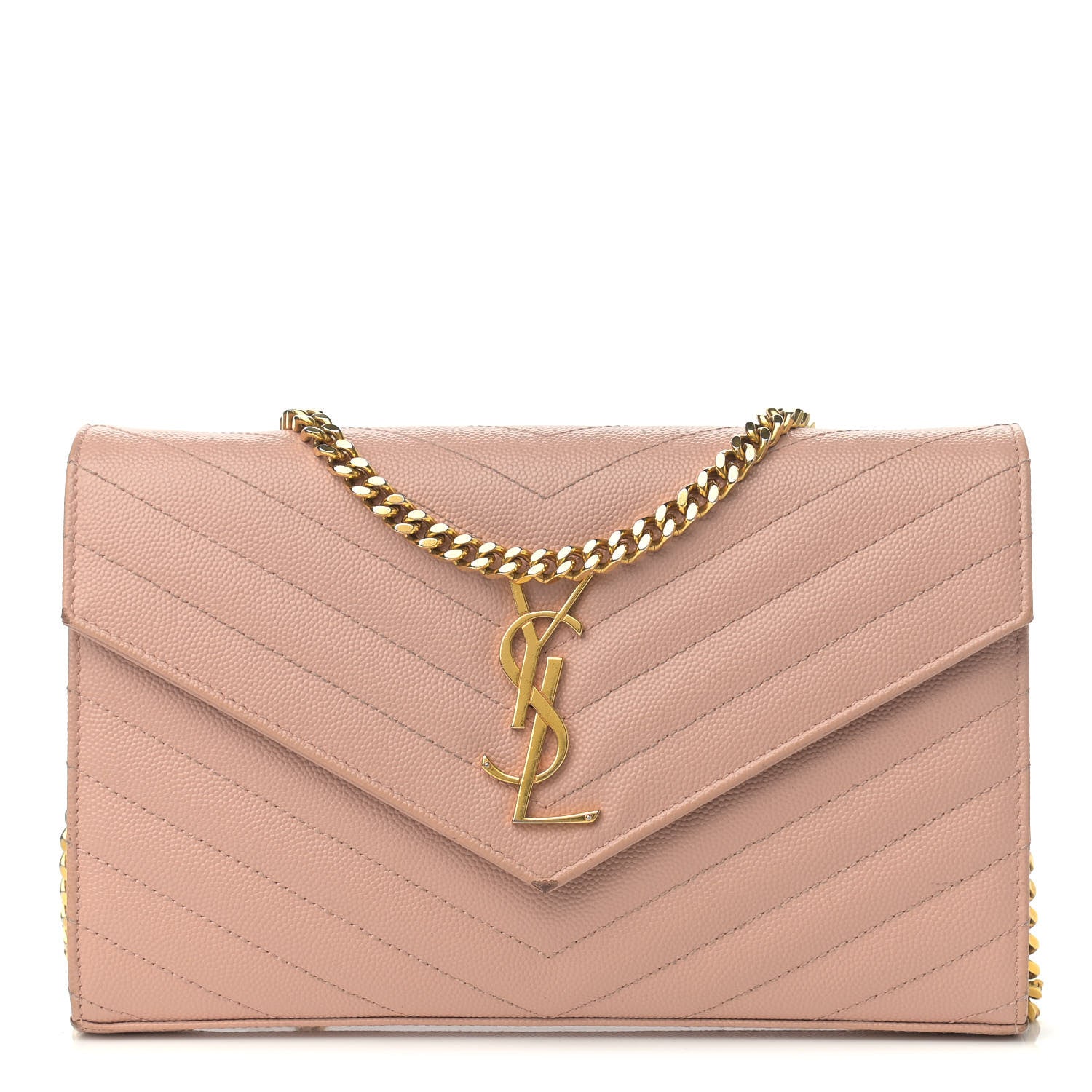 Saint Laurent Grain De Poudre Matelasse Chevron Monogram Chain Wallet Pale Pink 1 of 13