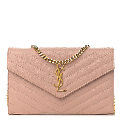 Saint Laurent Grain De Poudre Matelasse Chevron Monogram Chain Wallet Pale Pink 1 of 13