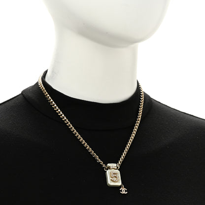 Chanel Pearl Resin Crystal CC No 5 Perfume Bottle Necklace Gold Pearly White 2 of 6