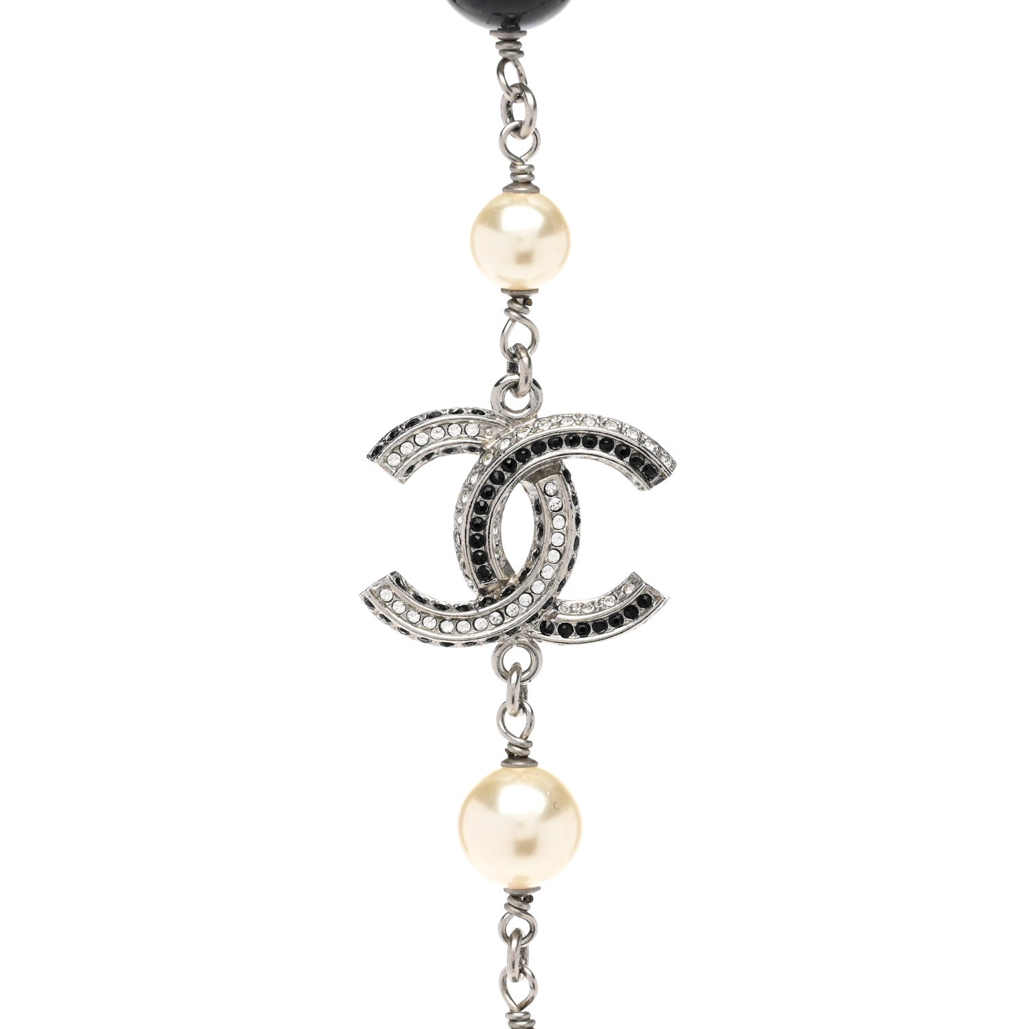 Chanel Pearl Crystal Bead CC Long Necklace Black Silver 4 of 6
