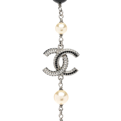 Chanel Pearl Crystal Bead CC Long Necklace Black Silver 4 of 6