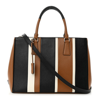 Prada Saffiano Baiadera Striped Medium Galleria Double Zip Tote Caramel Black White 1 of 19