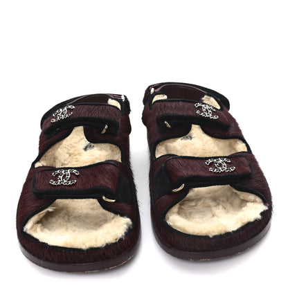 Chanel Calf Hair Suede Shearling Dad Sandals 36.5 Burgundy Black 3 of 9