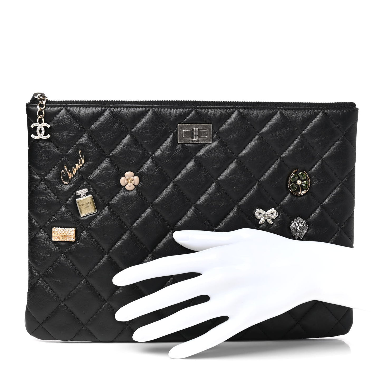 Aged Calfskin Quilted Medium Lucky Charms Cosmetic Case Black