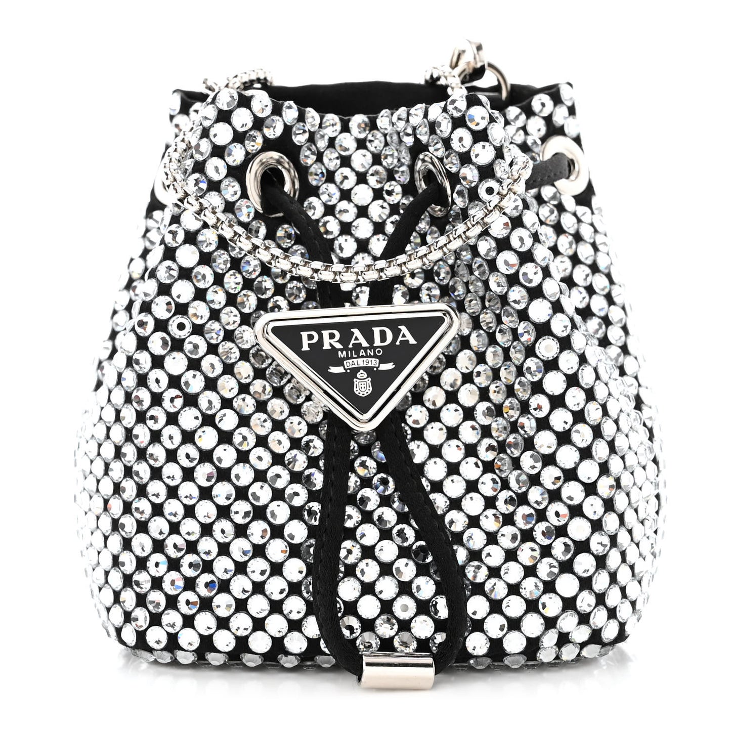 Satin Crystal Metal Triangle Logo Mini Drawcord Pouch Shoulder Bag Cristal