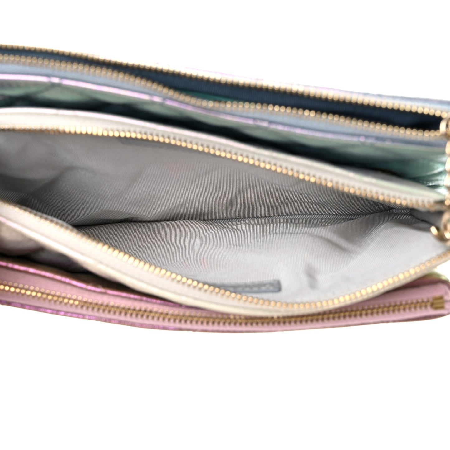 Iridescent Crumpled Calfskin Trio Cosmetic Case Blue Pink Ivory