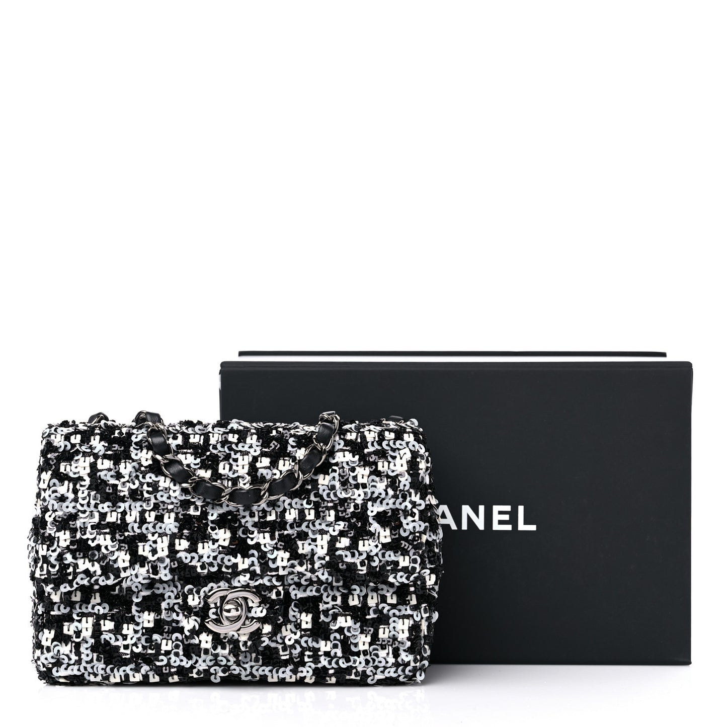 Sequin Lambskin Mini Flap Silver Black