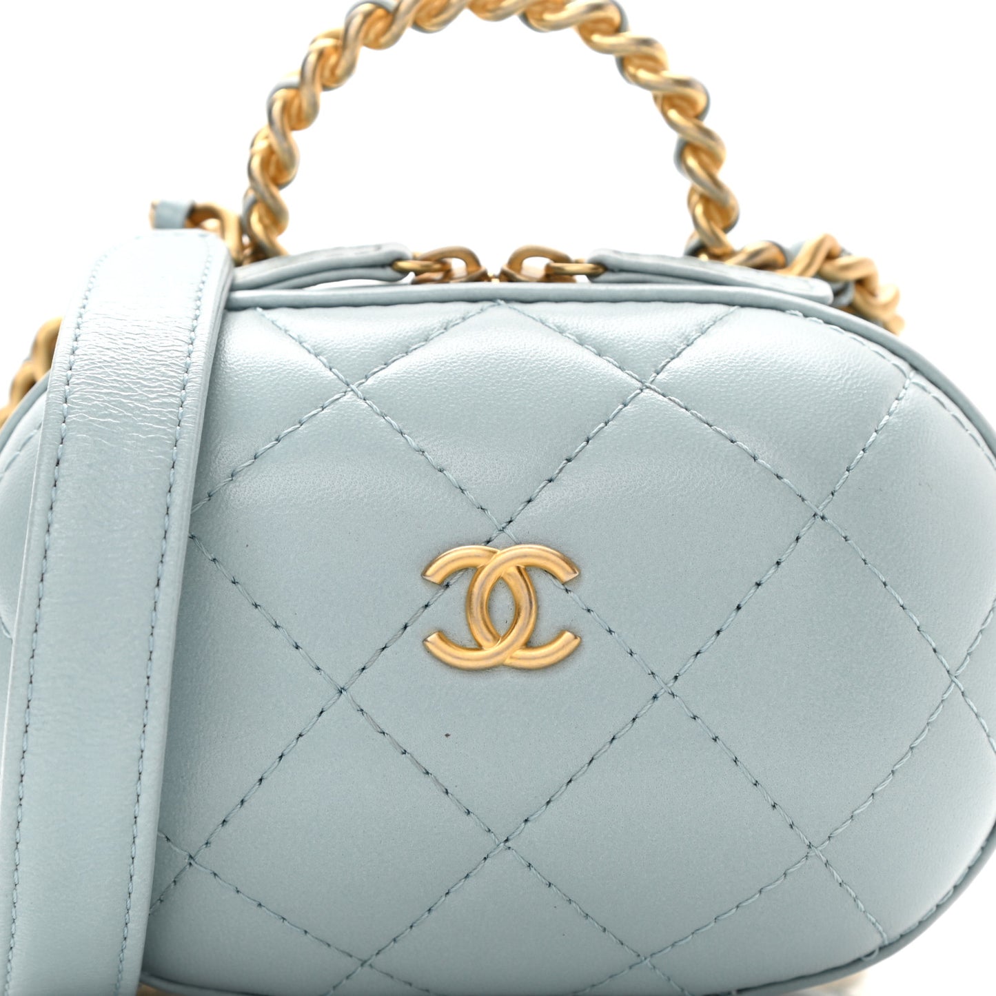 Lambskin Quilted CC Bubble Vanity Case With Chain Light Blue