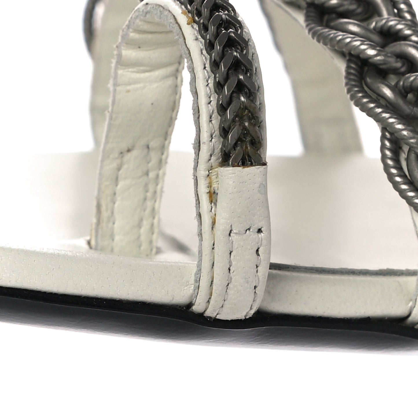 Tweed Chain Flat Sandals 37 White